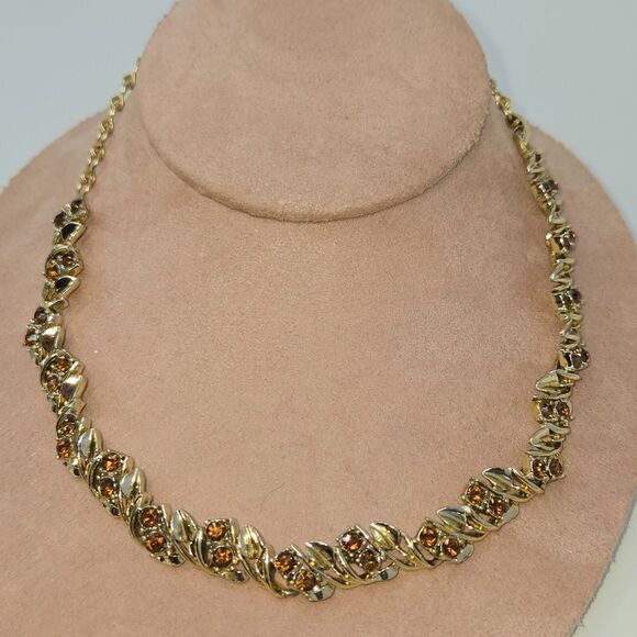 Unbranded Jewelry - Brown Topaz Gold Tone Leaf‎ Choker Vintage Fashion Costume Jewelry 16 inch